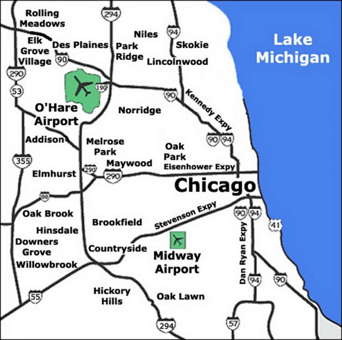 Mapa lotnisk w Chicago