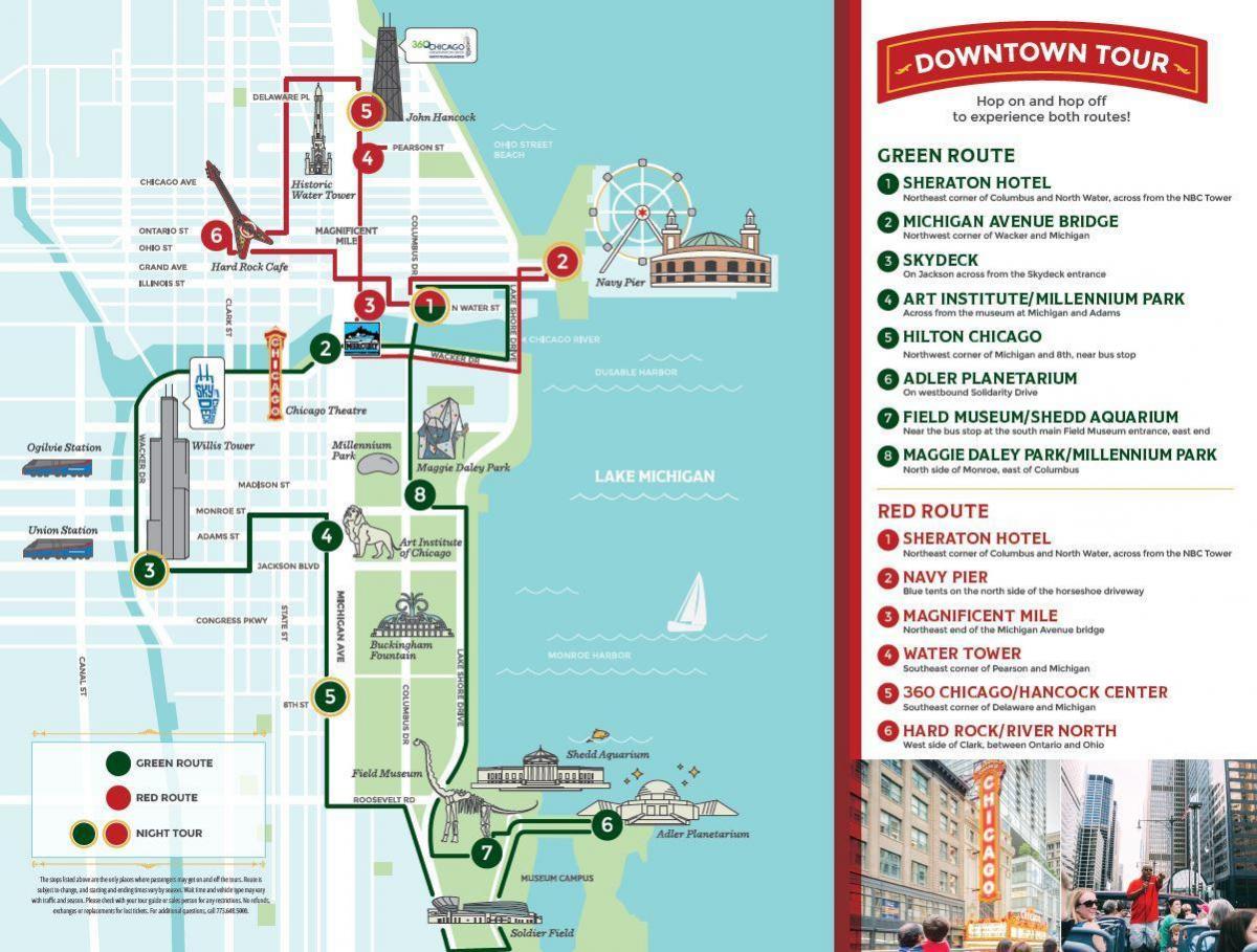 Chicago Hop On Hop Off mapa wycieczek autobusowych